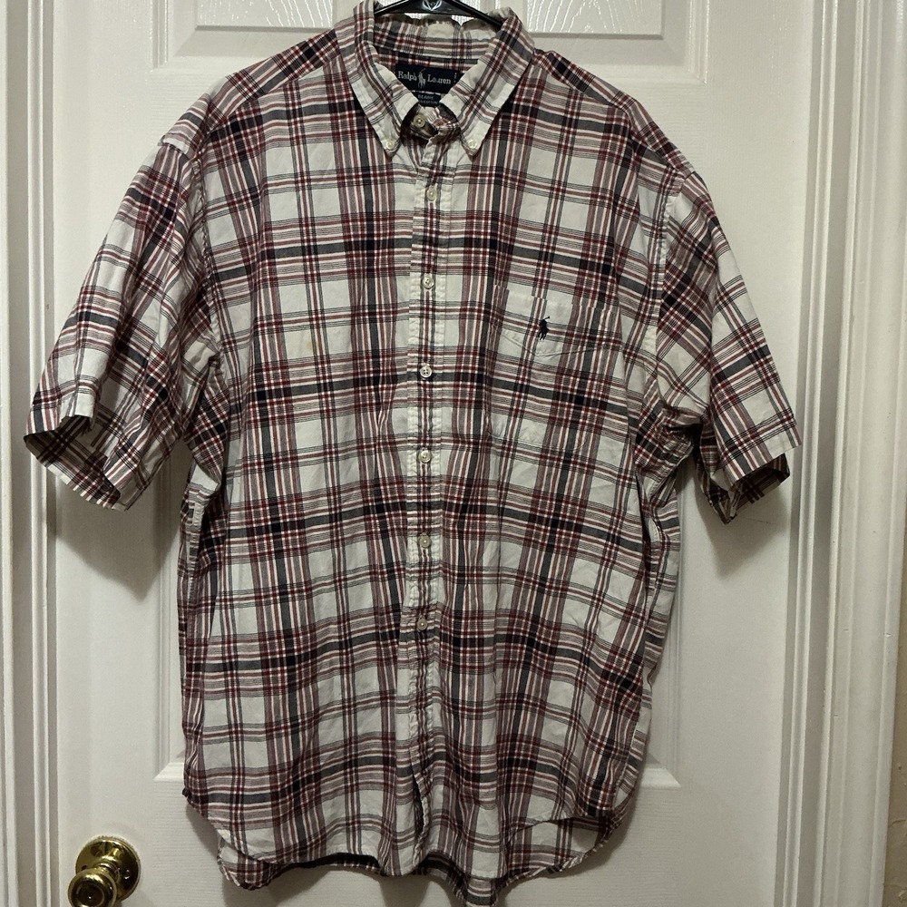 Ralph Lauren Blair's‎ Button Down Shirt Short Sleeve XXL Red Plaid Pony Pocket